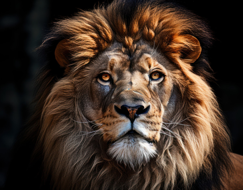 Majestic male lion gazes into the distance against a black background Majestic male lion gazes into the distance against a black background