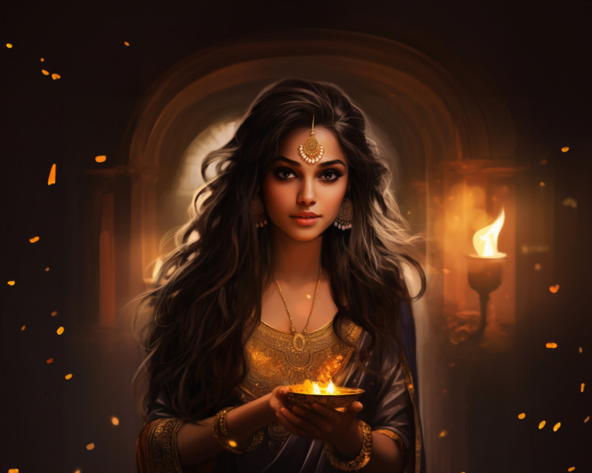 Diya candlelight in hair of young girl Diya candlelight in hair of young girl, diwali festival stock image, diwali festival ai prompt