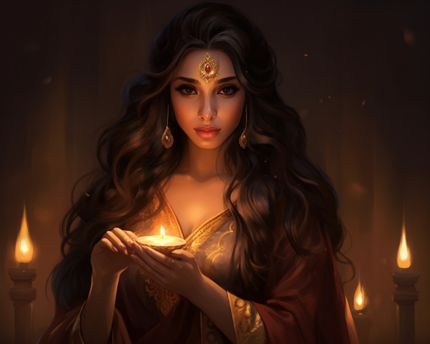 Diya candlelight in hair of indian girl Diya candlelight in hair of indian girl, diwali festival stock image, diwali festival ai prompt