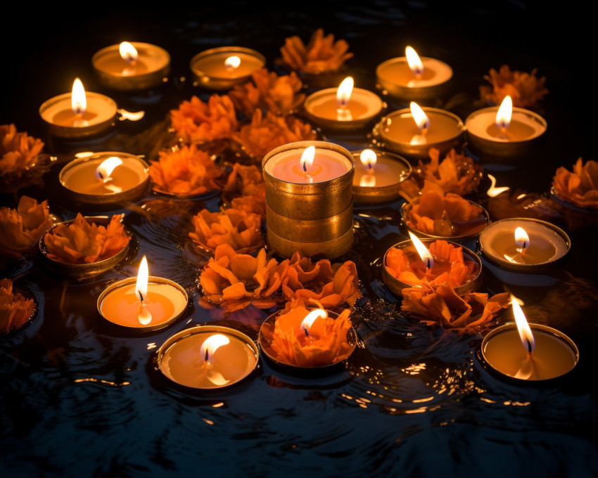Diwali candles reflecting in the water Diwali candles reflecting in the water, diwali festival stock image, diwali festival ai prompt