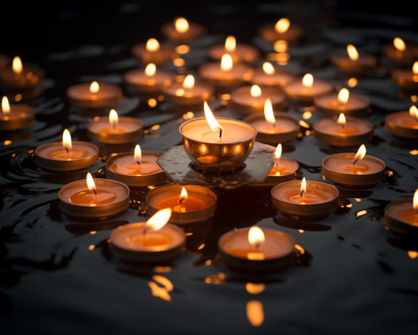 A group of small white candles sit in the water for diwali A group of small white candles sit in the water for diwali, diwali festival stock image, diwali festival ai prompt