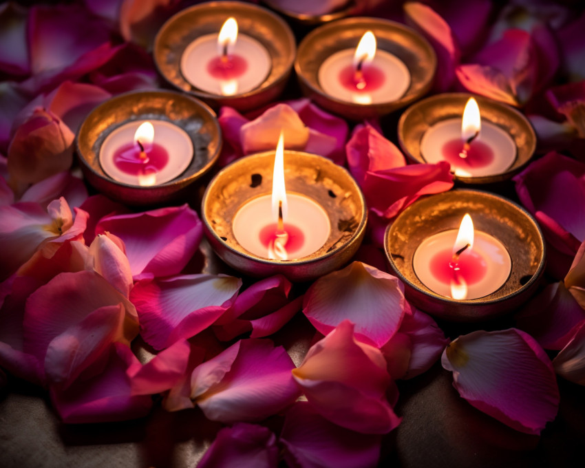 An image showing several burning diyas in the middle of petal pe An image showing several burning diyas in the middle of petal petals, diwali festival stock image, diwali festival ai prompt