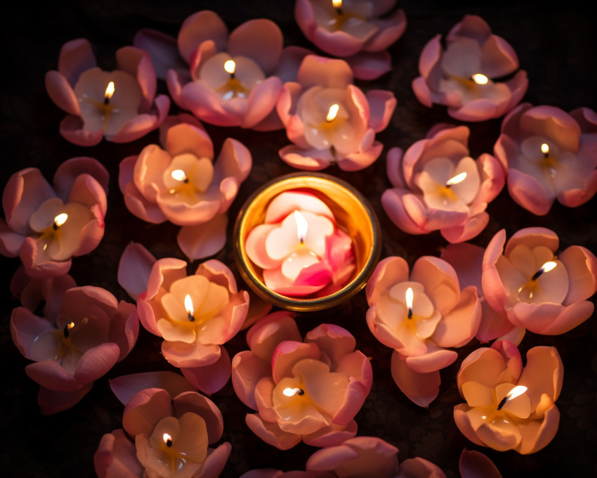 Burning diyas surrounded by flowers Burning diyas surrounded by flowers, diwali festival stock image, diwali festival ai prompt
