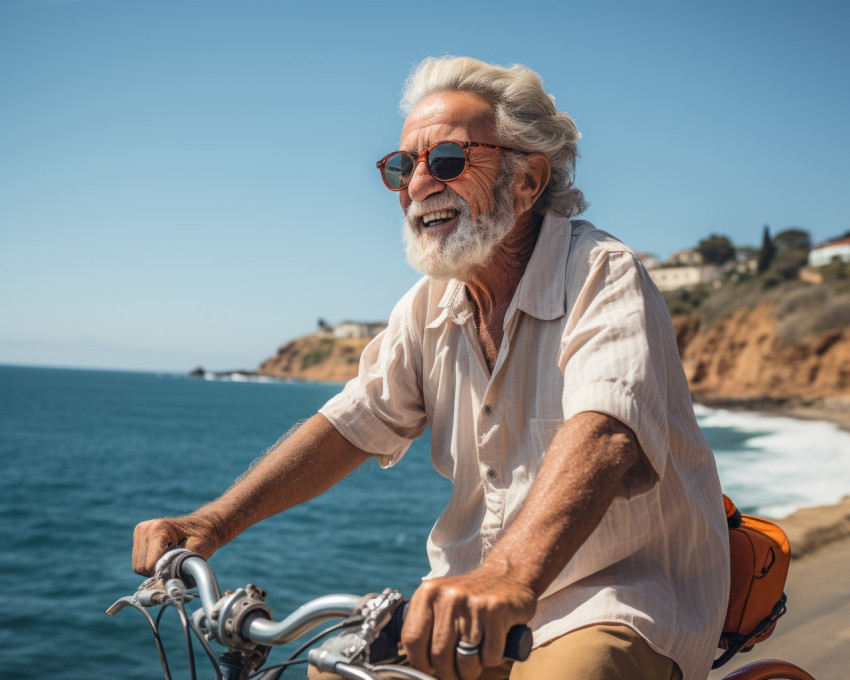 Elderly gentleman cycling by the ocean