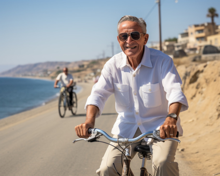Elderly gentleman cycling by the beach