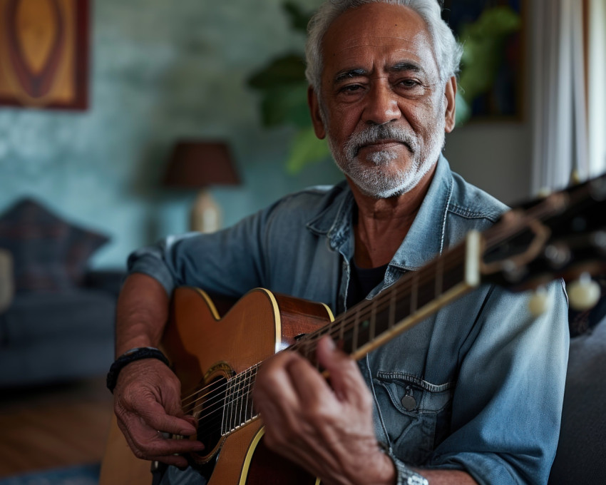Elderly gentleman playing guitar in his living room Elderly gentleman playing guitar in his living room