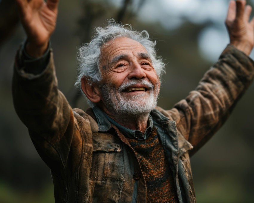 An elderly man joyfully raises his arms in the air An elderly man joyfully raises his arms in the air