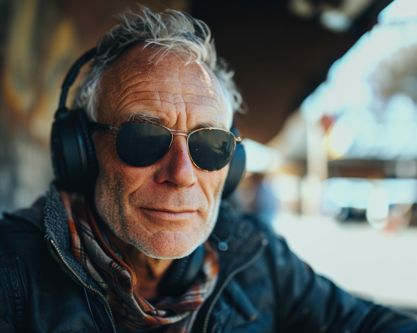 Elderly man enjoying tunes with sunglasses and headphones Elderly man enjoying tunes with sunglasses and headphones