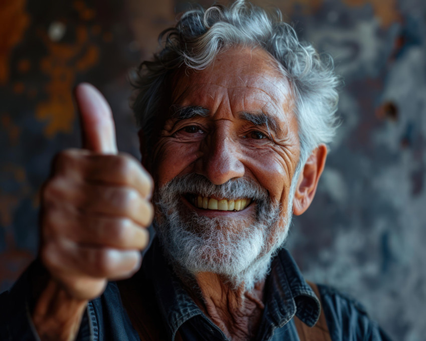 An elderly man joyfully showing a thumbs up with a big smile An elderly man joyfully showing a thumbs up with a big smile