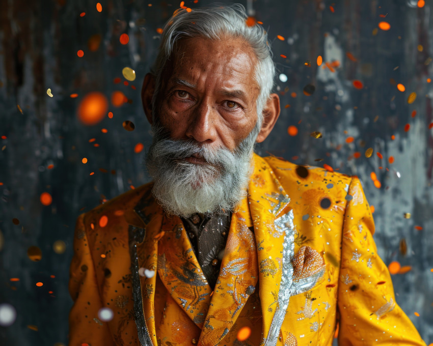 Joyful senior gentleman celebrates in a yellow suit with confetti Joyful senior gentleman celebrates in a yellow suit with confetti