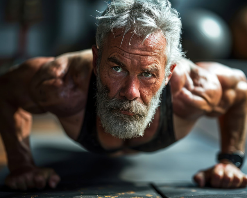 Active senior doing push ups at the gym Active senior doing push ups at the gym