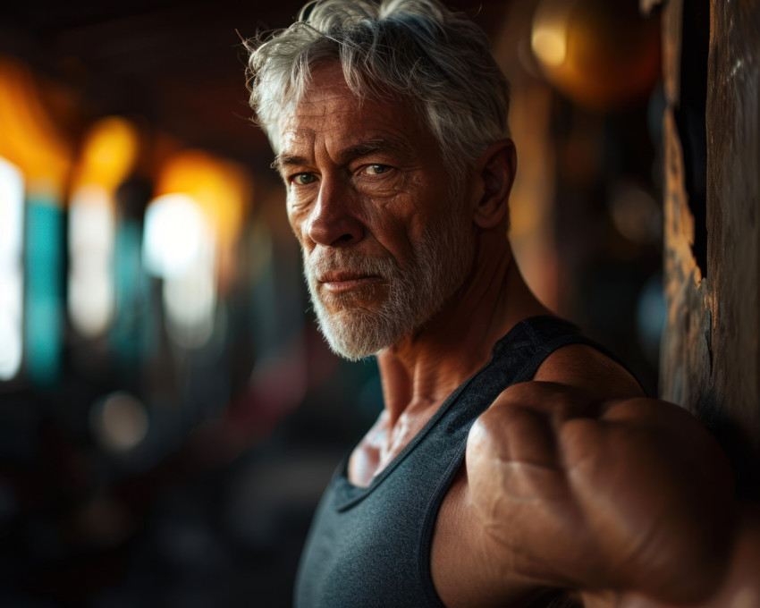 Fit grandpa posing confidently in a gym Fit grandpa posing confidently in a gym