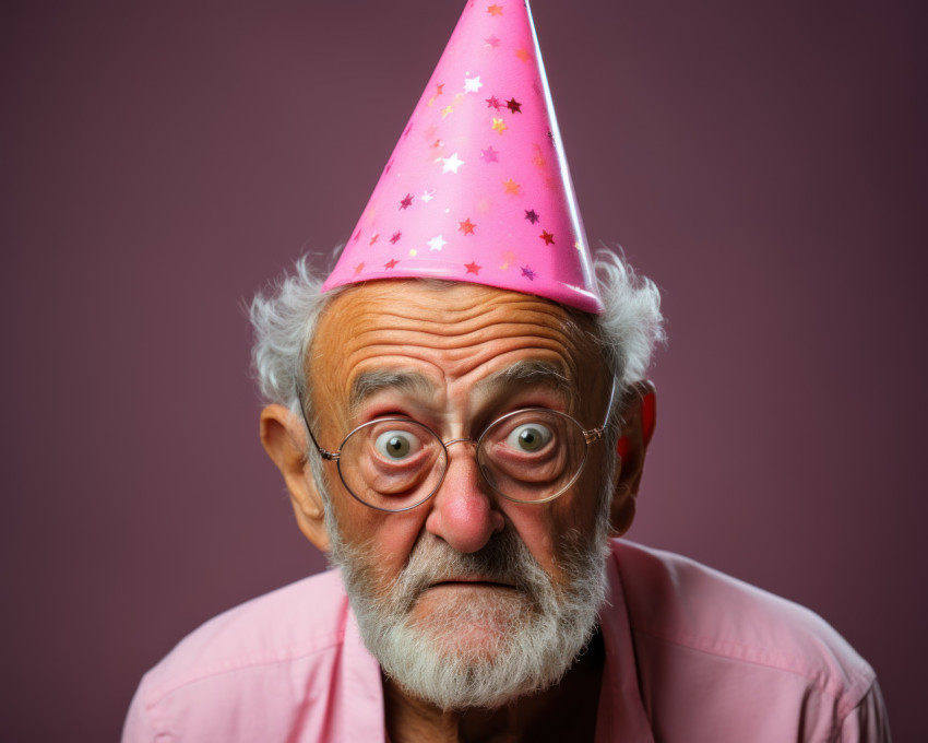 Aged man in party hat against pink background Aged man in party hat against pink background