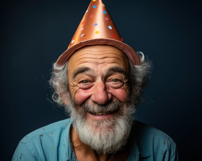 Celebrating with hat on vibrant blue backdrop Celebrating with hat on vibrant blue backdrop