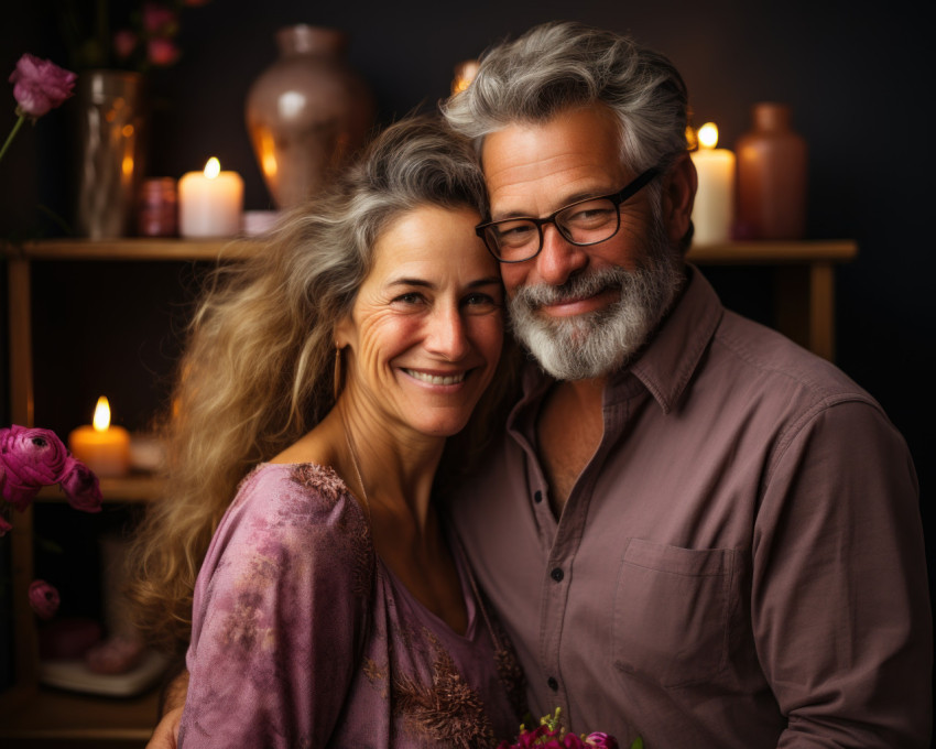 Middle aged pair embracing lovingly Middle aged pair embracing lovingly
