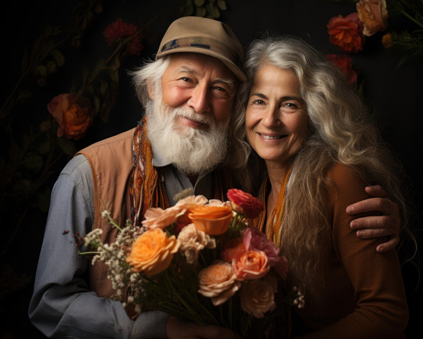 Older couple embracing with flower Older couple embracing with flower