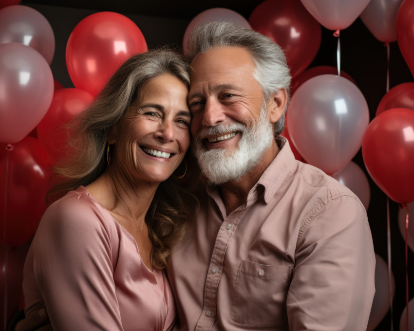 Embracing middle aged duo in celebration Embracing middle aged duo in celebration