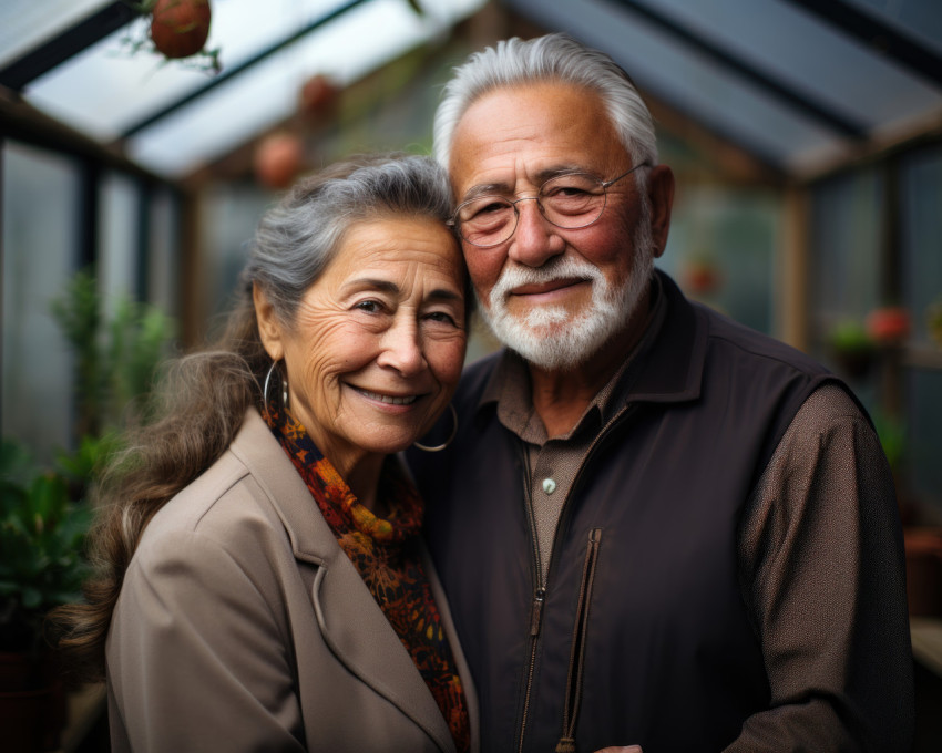Elderly pair amidst greenhouse Elderly pair amidst greenhouse