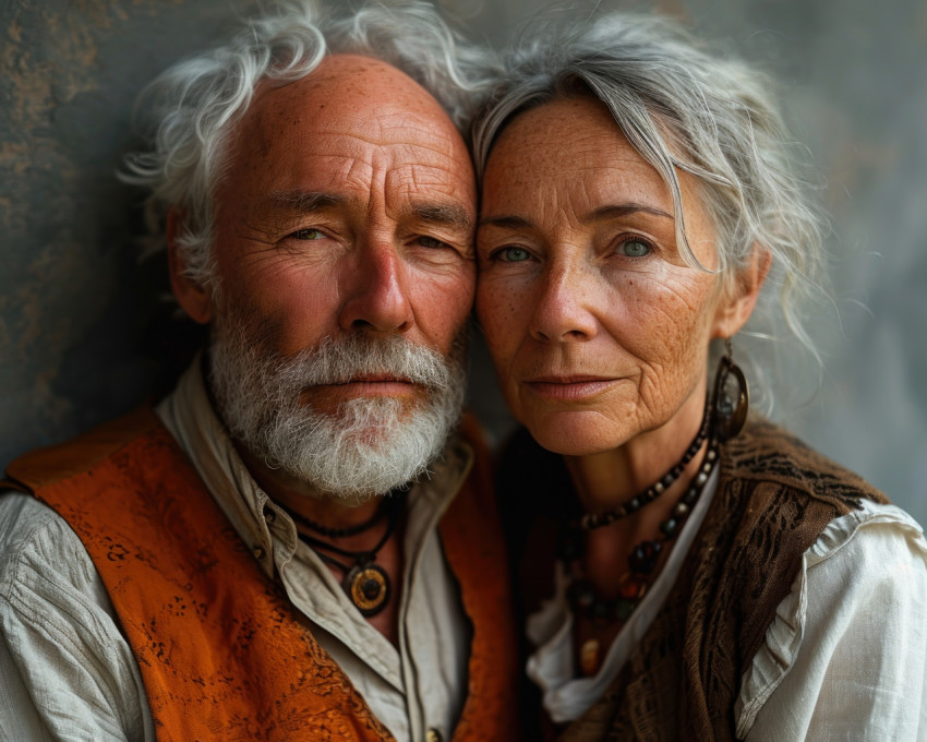 Elders couple posing together against grey wall Elders couple posing together against grey wall