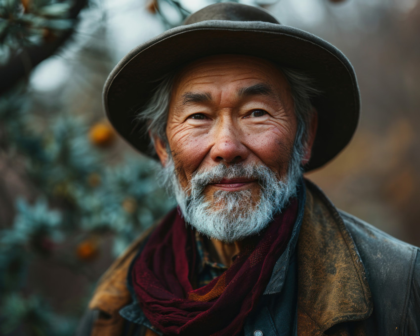 Cheerful grandfather in beard and hat at the park Cheerful grandfather in beard and hat at the park