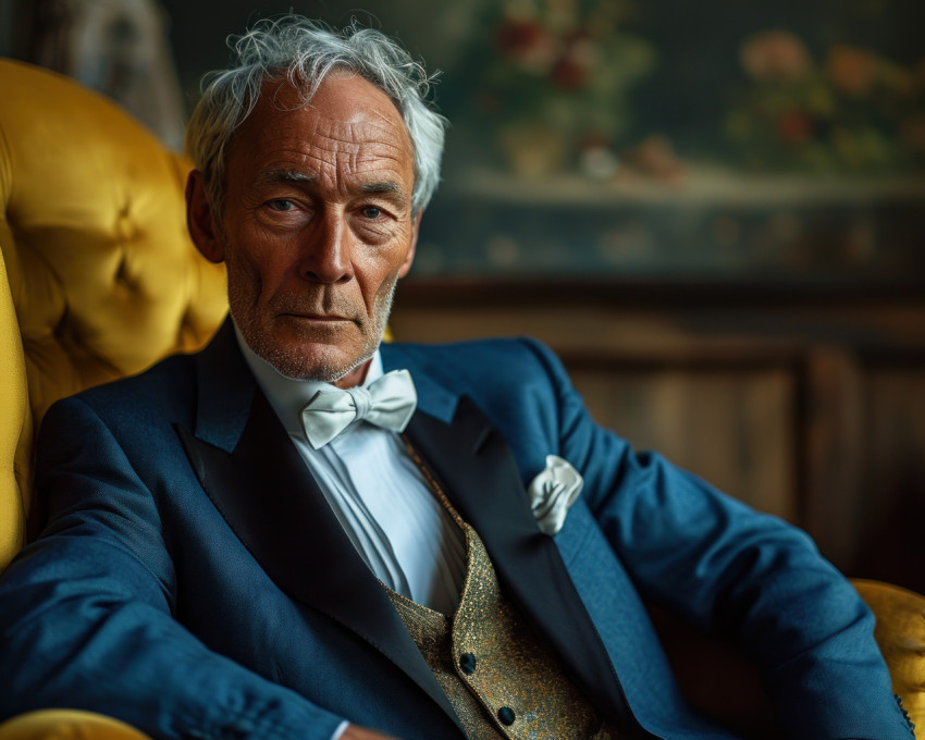 An elegant older man in a tuxedo relaxes on a vibrant yellow chair An elegant older man in a tuxedo relaxes on a vibrant yellow chair