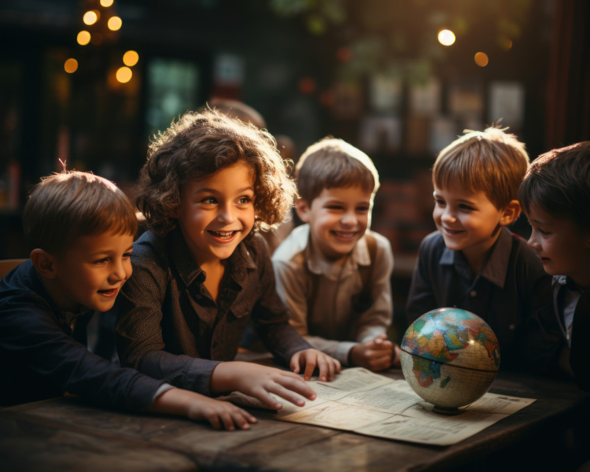 Teacher guides kids in a study session exploring the world together Teacher guides kids in a study session exploring the world together
