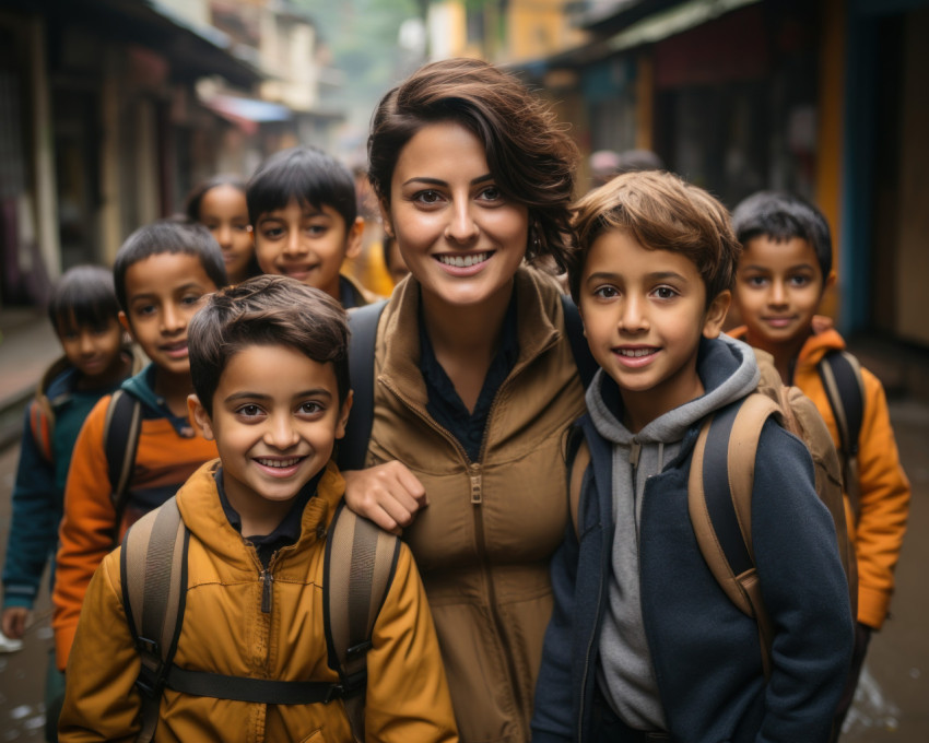 Woman stands alongside children on the path to education Woman stands alongside children on the path to education