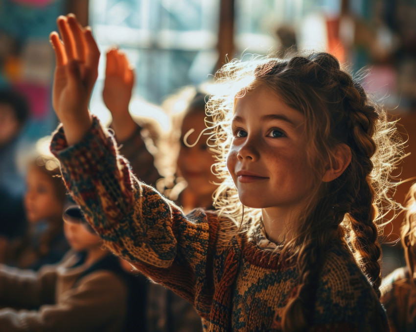 Teacher and children celebrate with raised hands in class Teacher and children celebrate with raised hands in class