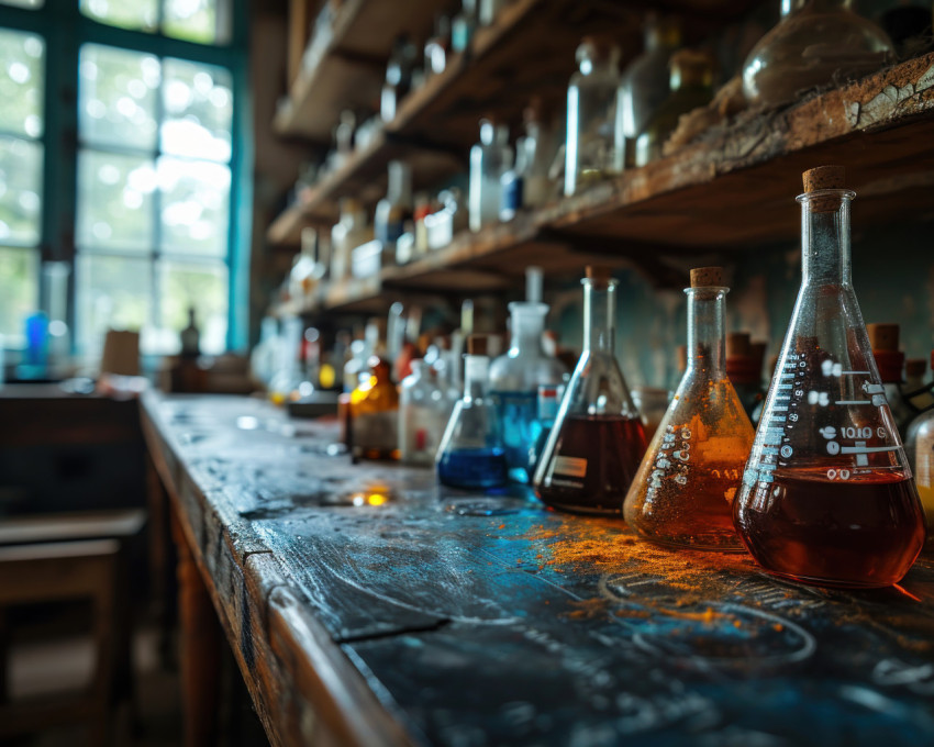 Blackboard featuring chemicals and lab apparatus in detail