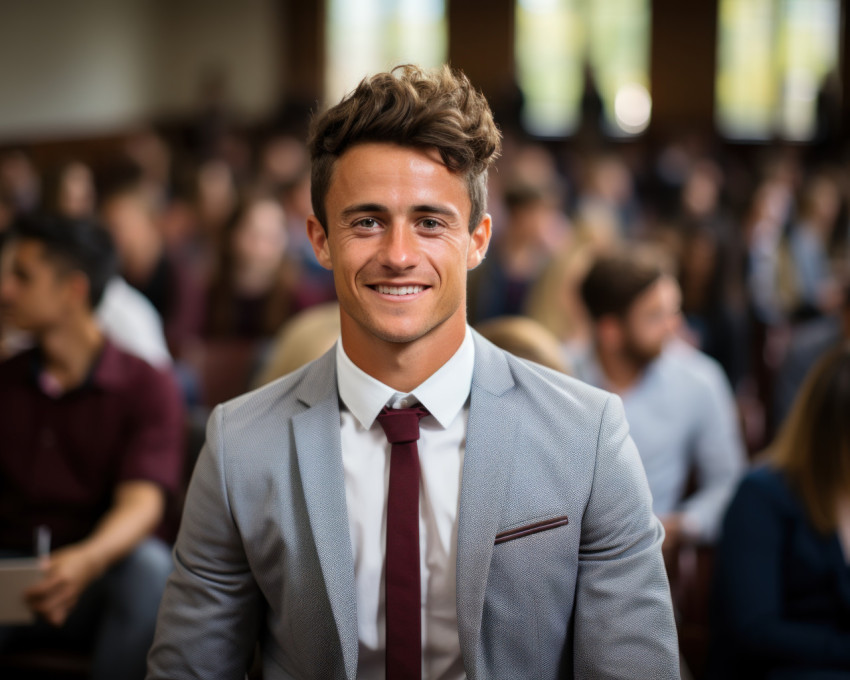 Suited speaker shares insights in front of the classroom Suited speaker shares insights in front of the classroom