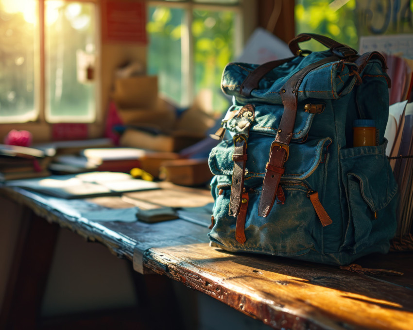A blue backpack with papers inside in a classroom setting A blue backpack with papers inside in a classroom setting