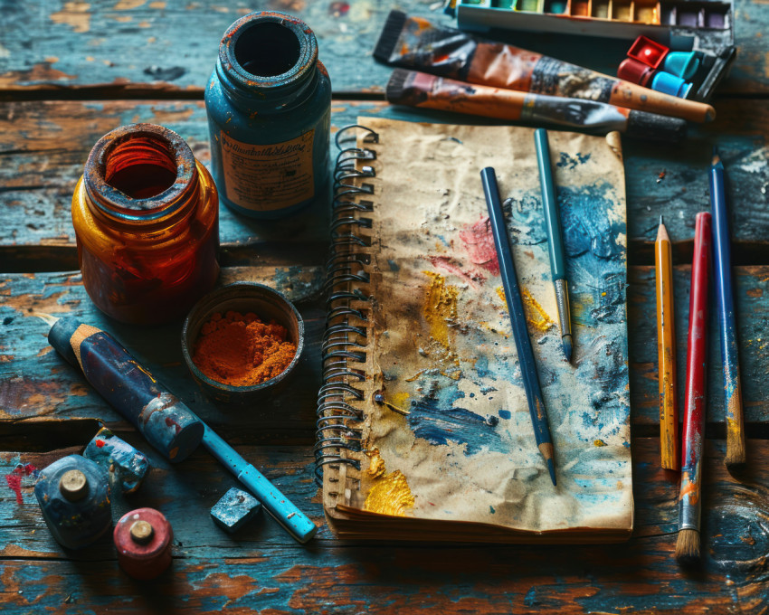 Color pencils and painting supplies on a wooden table Color pencils and painting supplies on a wooden table