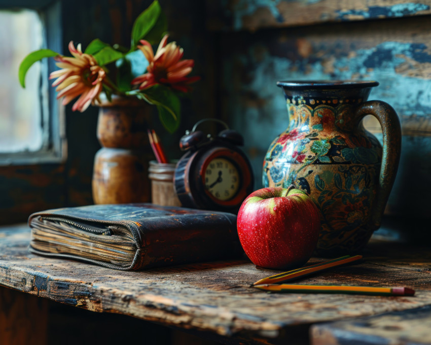 Blackboard pencils pencil case alarm clock and a tasty apple Blackboard pencils pencil case alarm clock and a tasty apple