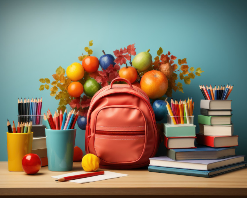 School essentials spread on a white table