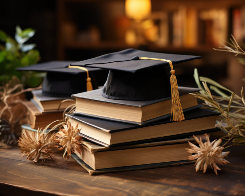 A graduation cap crowning a stack of books A graduation cap crowning a stack of books