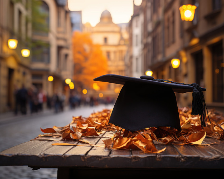 A graduation cap left on a table in the middle of an empty city street A graduation cap left on a table in the middle of an empty city street