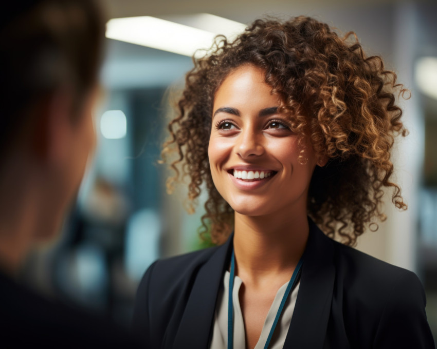 A young businesswoman chatting to colleague in office discussing work with a smile A young businesswoman chatting to colleague in office discussing work with a smile