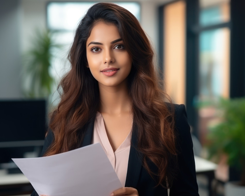 Confident successful indian female manager holding resume in hands while having an interview in a modern office Confident successful indian female manager holding resume in hands while having an interview in a modern office