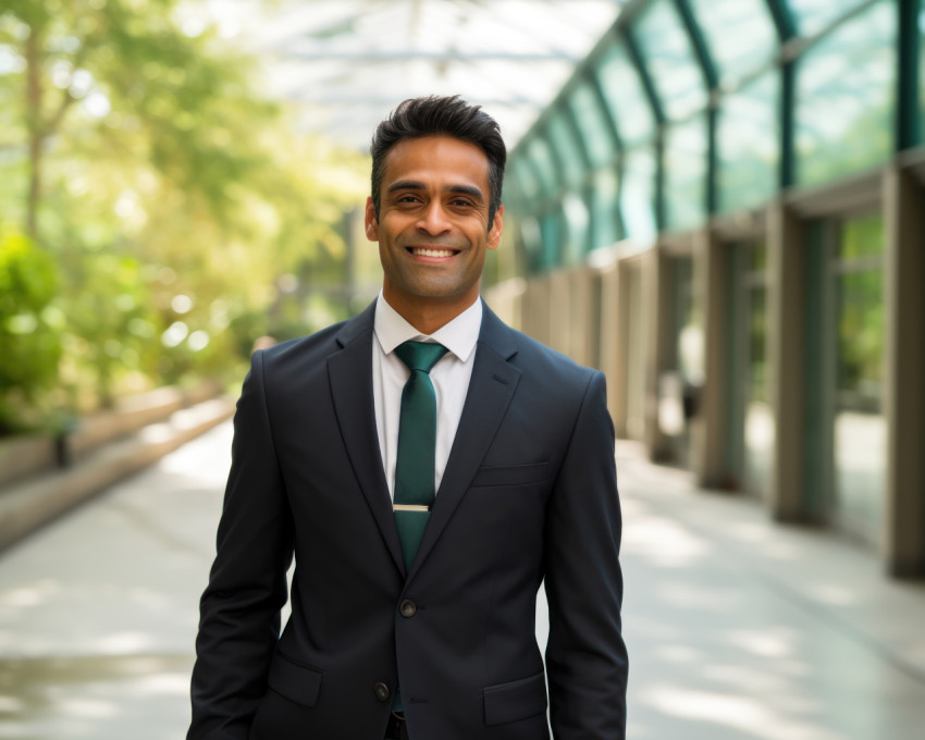 Smiling indian man in suit standing in walkway Smiling indian man in suit standing in walkway