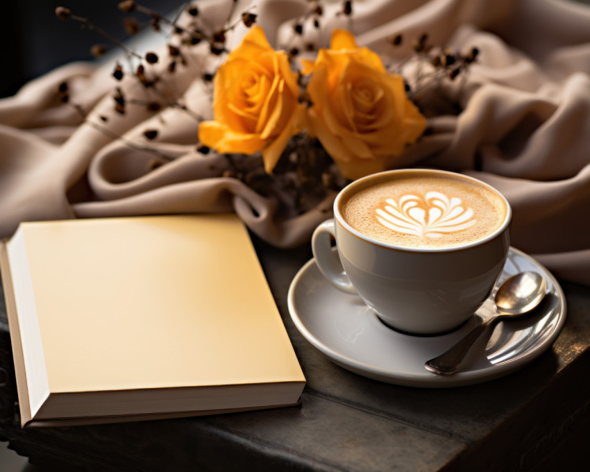 White notebook next to the coffee cup on the table White notebook next to the coffee cup on the table