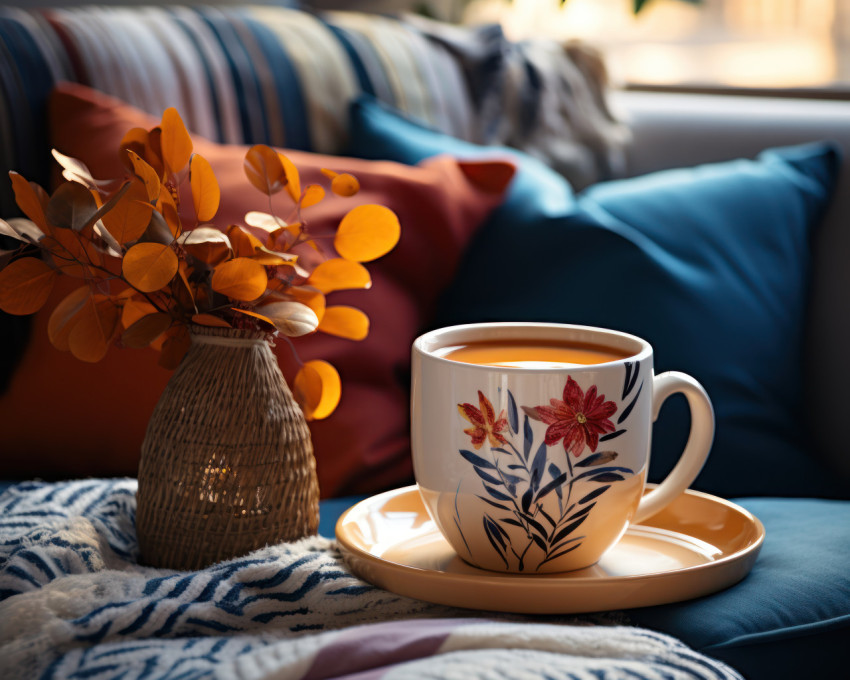 An orange coffee mug on wooden table in front of sofa in living room An orange coffee mug on wooden table in front of sofa in living room