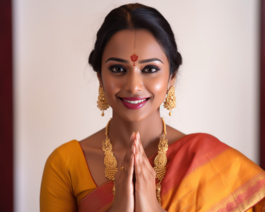 Indian marathi woman joyfully greeting during ganesh chaturthi celebration Indian marathi woman joyfully greeting during ganesh chaturthi celebration