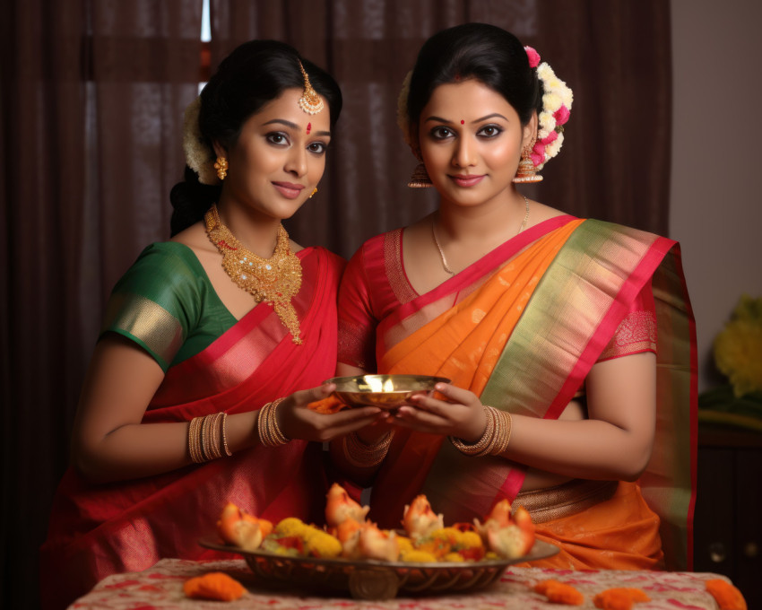Indian marathi mother in law and daughter in law worshiping lord ganesha together on ganesh chaturthi in a joyous family celebration Indian marathi mother in law and daughter in law worshiping lord ganesha together on ganesh chaturthi in a joyous family celebration, gudi padwa traditional clothing photo