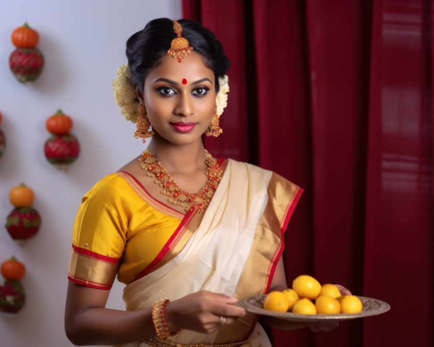Indian marathi woman in traditional outfit celebrating cultural richness with sweet ladoo Indian marathi woman in traditional outfit celebrating cultural richness with sweet ladoo