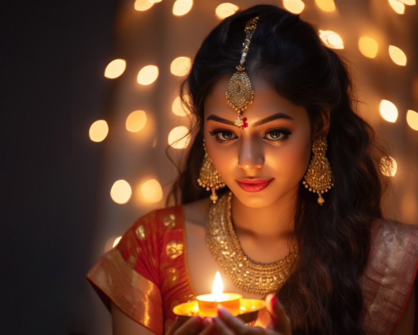 Indian marathi woman covers oil lamp flame during ganesh chaturthi celebration Indian marathi woman covers oil lamp flame during ganesh chaturthi celebration
