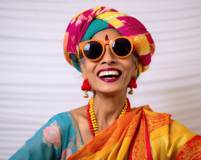 Happy indian marathi woman in turban and sunglasses smiling brightly with joy and radiance Happy indian marathi woman in turban and sunglasses smiling brightly with joy and radiance