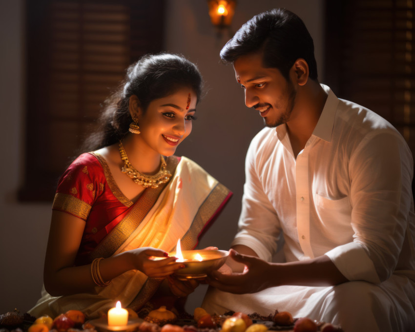 Indian marathi couple lighting oil lamp for ganesh chaturthi celebration Indian marathi couple lighting oil lamp for ganesh chaturthi celebration