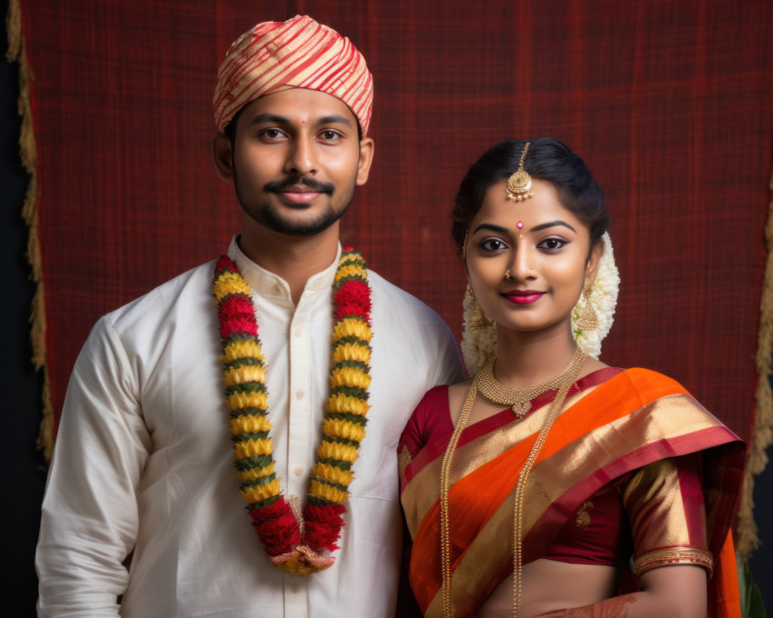 Indian marathi couple in traditional dress celebrating gudi padwa festival with joy and traditional rituals Indian marathi couple in traditional dress celebrating gudi padwa festival with joy and traditional rituals