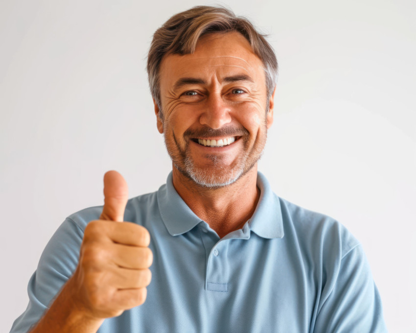 Happy man smiling giving a thumbs up gesture in isolation on a white background Happy man smiling giving a thumbs up gesture in isolation on a white background
