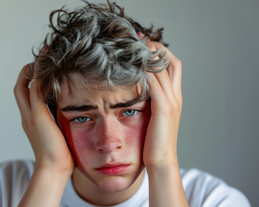 Teenager man in emotional pain suffering from headache and migraines Teenager man in emotional pain suffering from headache and migraines